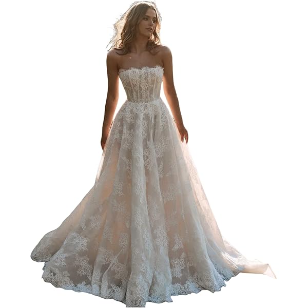 Amazon.com: WIOJEIGO Sparkly Tulle Wedding Dresses Long Lace Appliques Bride  Dress for Women Bridal Gown with Train Ivory US2 : Clothing, Shoes & Jewelry