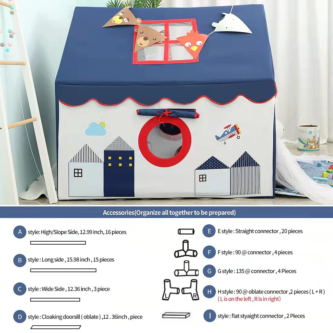 Kids Tents Indoor Playhouses Boys 9.9Ft Star String Lights Blue Tent for Upgraded Large and Longer Curtain with Colorful Accessories Decoration 50.4