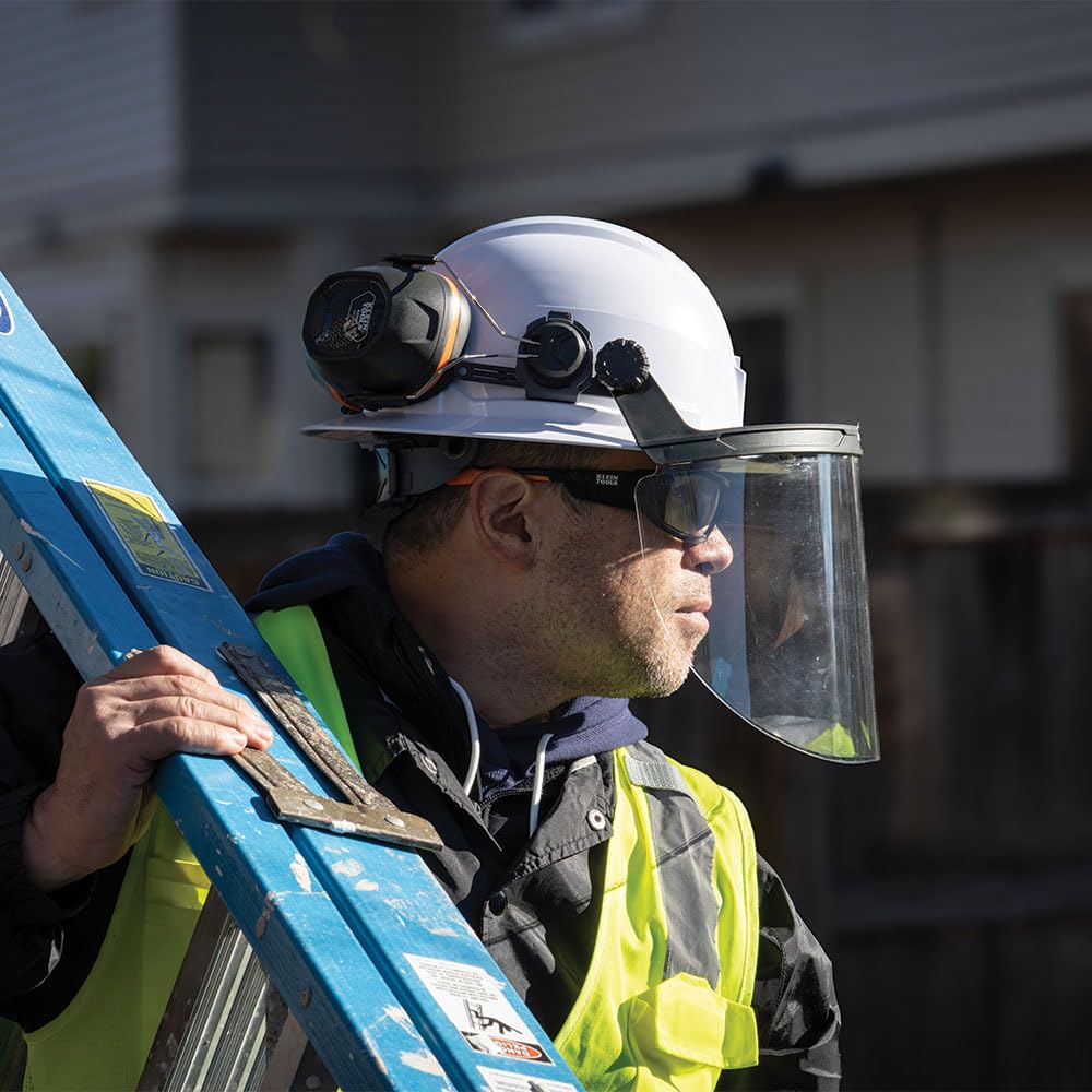 Klein Tools 60528 Full-Brim Hard Hat Face Shield, Clear, Impact-Rated, Anti-Fog, Low-Profile Design, Flip-Up, Earmuff Compatible, One Size