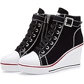 Mei MACLEOD Wedge Heel Sneaker for Women High Heel Sneaker Side Zipper/Lace Up Canvas Shoes for Ladies College Students