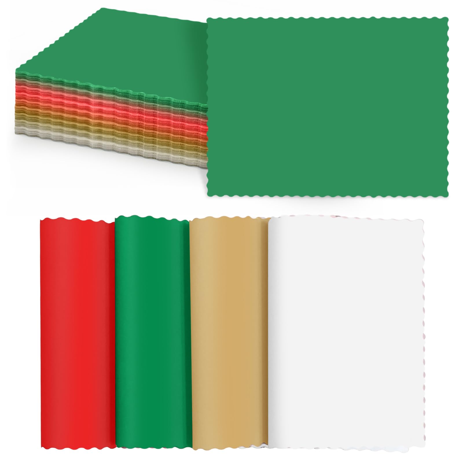 Photo 1 of 120 Pcs Christmas Paper Placemats Bulk 10 x 14 Disposable Scalloped Red Gold Green White Doilies Table Place Mats for Winter Xmas Holiday Banquet Party Table Decor Home
