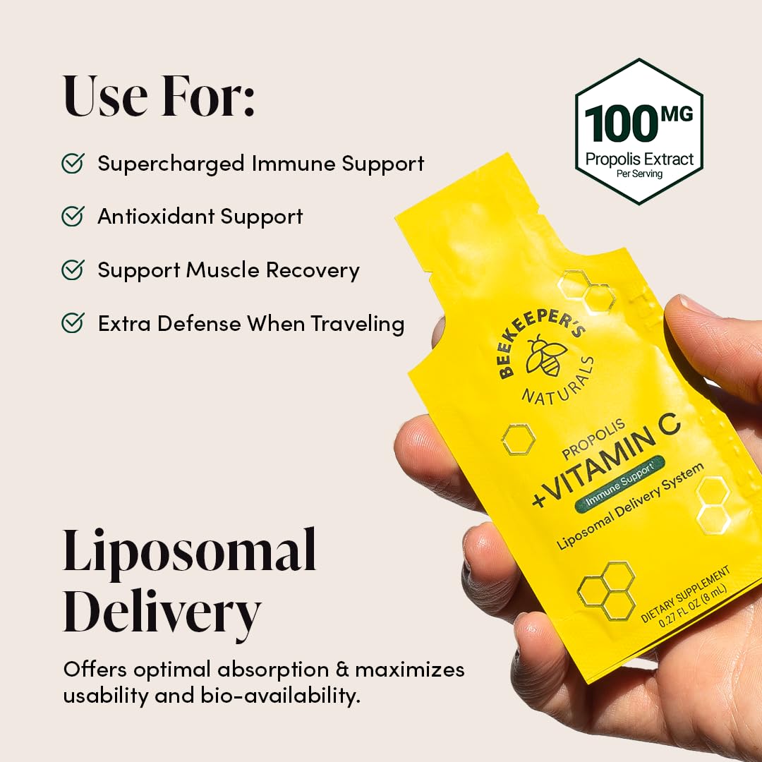 Propolis Liposomal Vitamin C by Beekeeper's Naturals, 1000mg Vitamin C, Propolis & Organic Honey, Supercharged Immune Support & Increased Bioavailibity for Max Absorption, 30 Ct