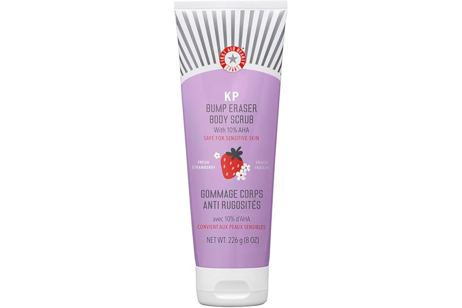 First Aid Beauty – KP Bump Eraser Body Scrub with 10% AHA, Keratosis Pilaris Exfoliator with Glycolic and Lactic acids, Helps Reduce Chicken Skin Bumps, Safe for Sensitive Skin, Strawberry Scent, 8 oz