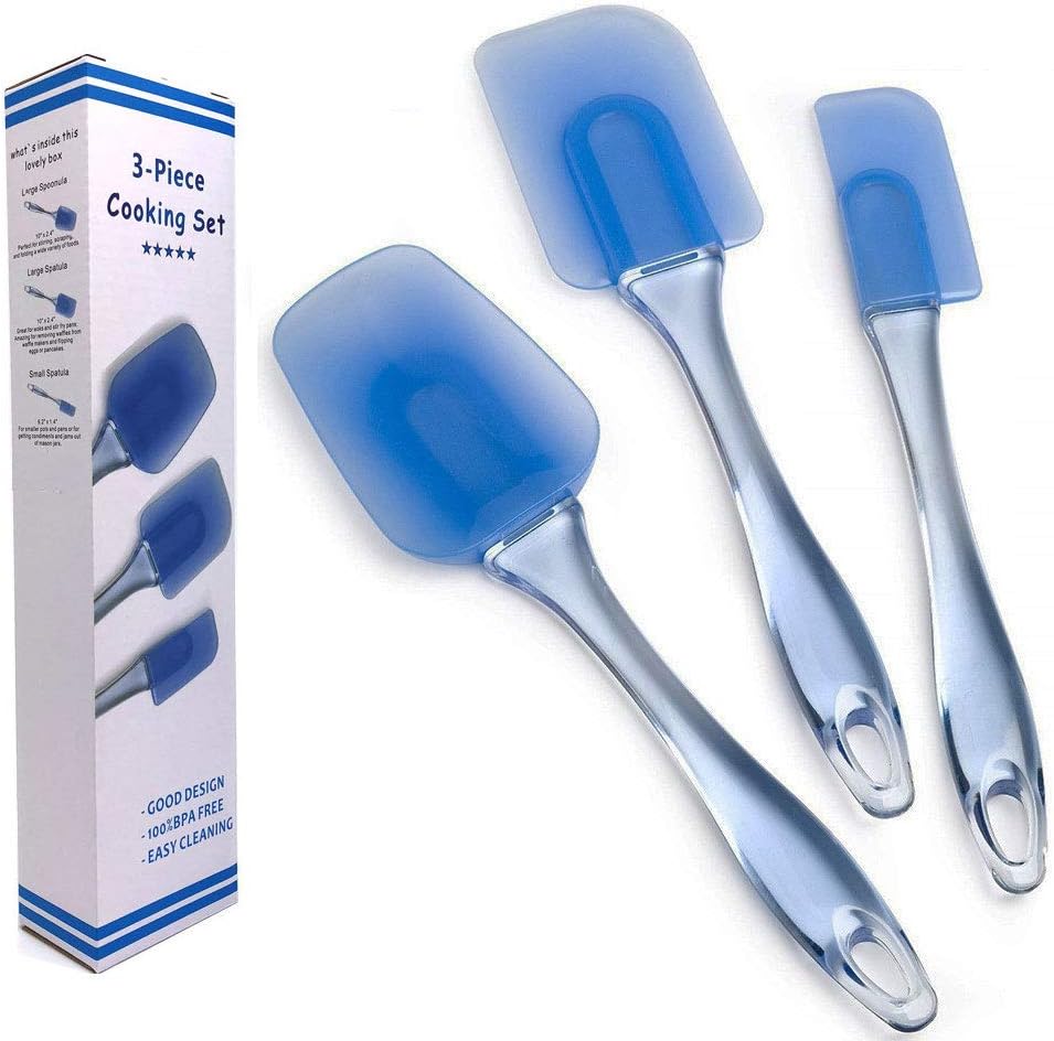 Silicone Spatula Set Kitchen Utensils Heat Resistant Non-Stick Rubber Spatula Set for Cooking, Baking and Mixing - Ergonomic, Dishwasher Safe Bakeware Set of 3, Bule