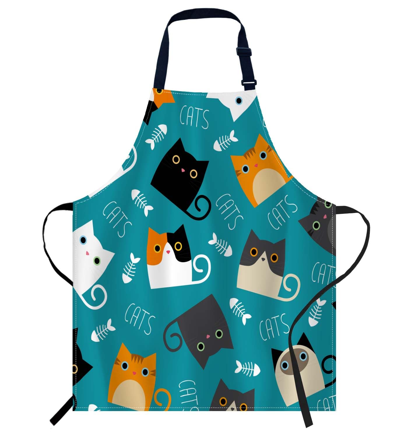 Smooffly Cute Cats with Fish Bone Apron,Adjustable Neck Bib Apron for Men Women,Suitable for Kitchen Cooking Waitress Chef Apron