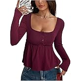 SOLY HUX Women's Babydoll Tops Long Sleeve Henley Shirts Cute Square Neck Coquette Peplum Top