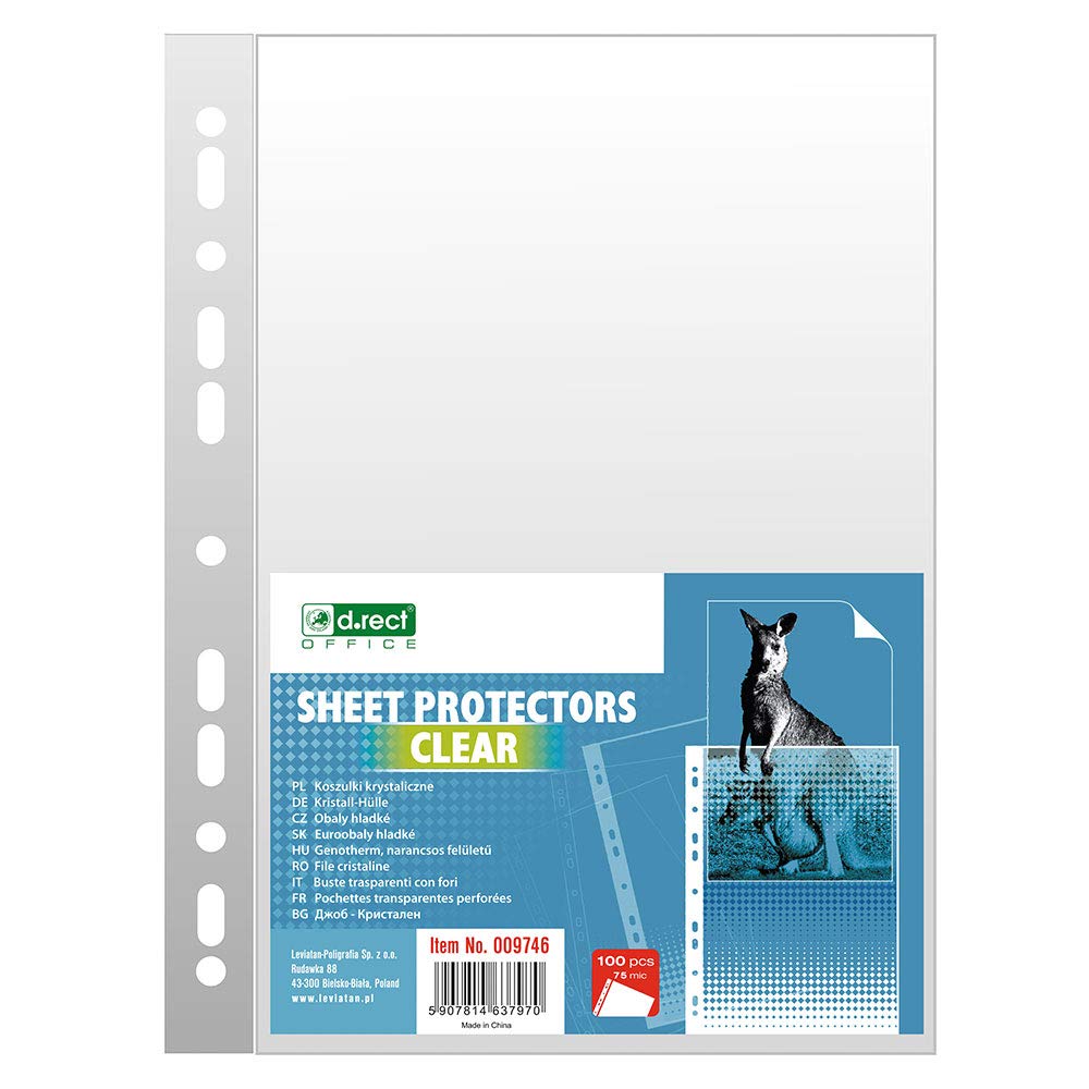 D.RECT Perforated Pockets | A4 Size | 75 Micron | Package of 100 Units | Clear Perforated | Smooth | Polypropylene Pockets | Quality Punched Pockets