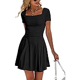 HYPERFIRE Women's Square Neck Flowy Dress Short Sleeve Ruched A Line Mini Short Dresses Party Going Out