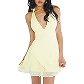 WDIRARA Women's Sleeveless Tie Backless Halter Dress Wrap Lettuce Trim Short Dress