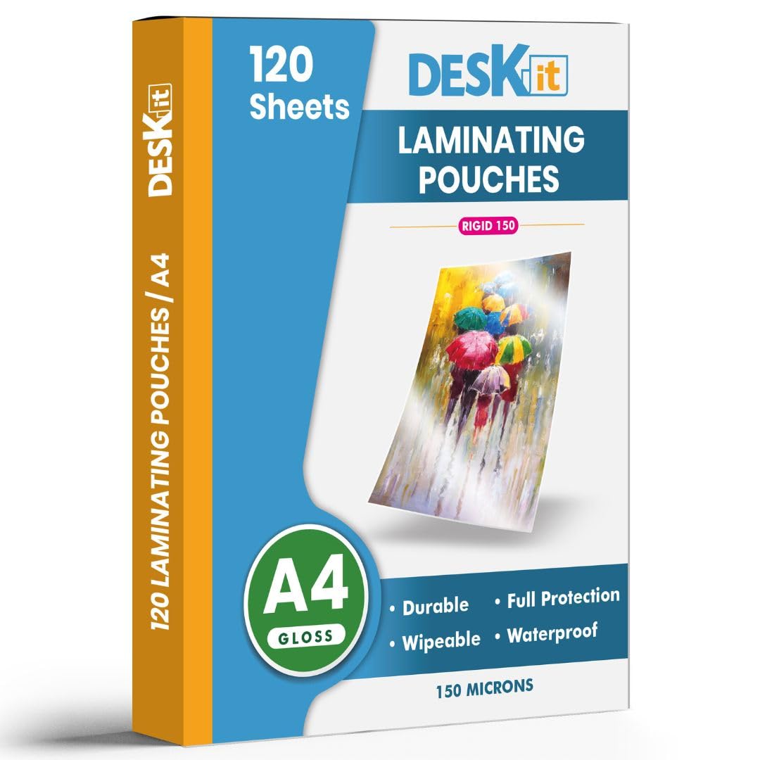 120 Sheets Deskit Laminating Pouches A4, Gloss,150 Microns - Clear and Durable Presentations - Ideal Rigidity for Everyday Use