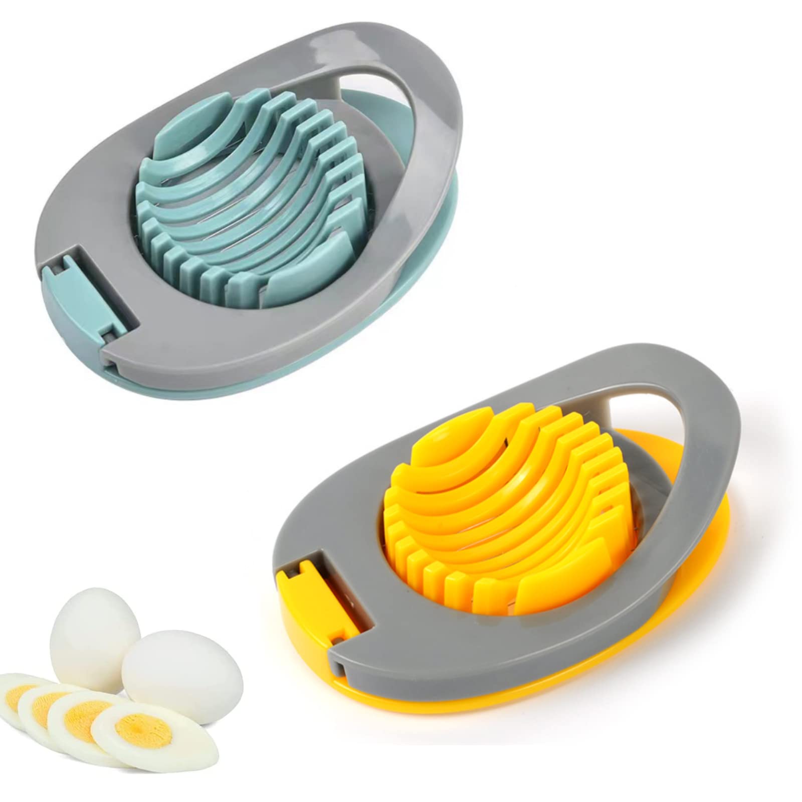 LAPONO Egg Slicer with Stainless Steel, 2 Pcs Multifunctional Egg Cutter for Evenly Slicing Boiled Eggs Ham Kiwi Banana and Strawberry Dishwasher Safe (Green + Yellow)