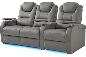 comfiroom Home Theater Seating Simple Style Top Grain Leather Loveseat Recliner Chair Dual Power Movie Theater Chairs Gaming Sofa Electric Headrest with Tray Table (Grey, Row of 3 Loveseat Left)