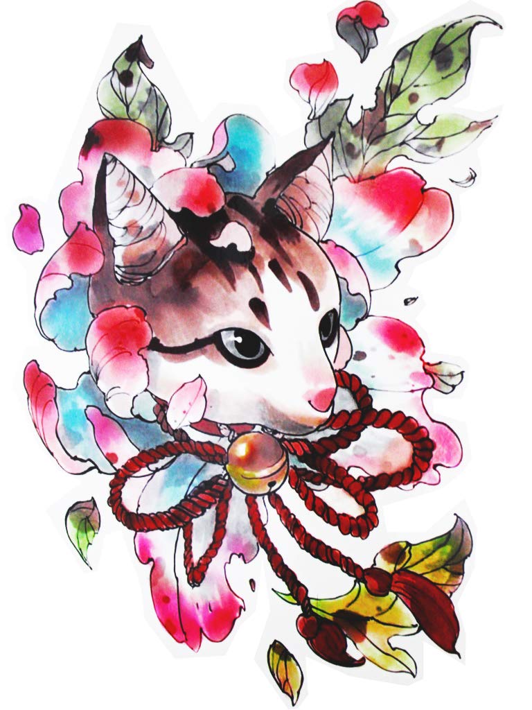 Novu Ink Bell Cat in Water colour Bloom Temporary Tattoos | PACK OF 2 | Fake Tattoos | Art Design Transfers/Stickers | For Body, Arm, Leg etc | (22cm x 16cm)