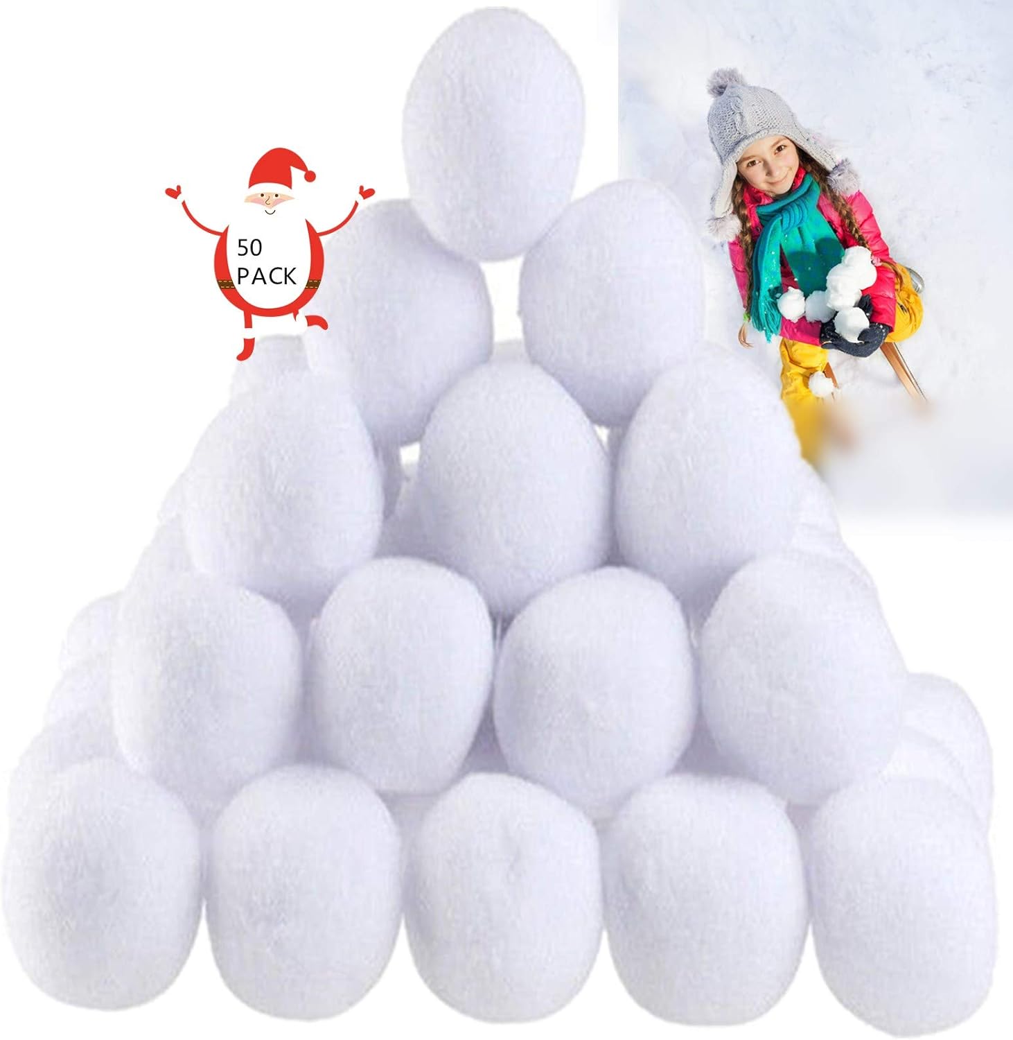 Artificial Snow - 50 Pack Indoor Snowballs for Kids Snow Fight,Snow Toy Balls for Indoor or Outdoor Play,Fake Snowballs Xmas Decoration,Realistic White Plush SnowBalls for Kids Adults Game, (50 Pack)
