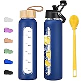 Olivego 32 oz Glass Water Bottle with 2 Lids-Handle Straw Lid & Bamboo Lid,1 Liter Motivataional Tumbler Water Bottle Time Marker, Borosilicate Glass Water Bottles With Silicone Sleeve, Leakproof