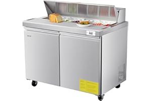VEVOR 48"W Commercial Refrigerator, 12.5 Cu. Ft Sandwich Prep Refrigerated Table, Mega Top Food Prep Fridge with 12 Pans and Cutting Board, Stainless Steel Salad Prep Cooler for Restaurant, Food Truck