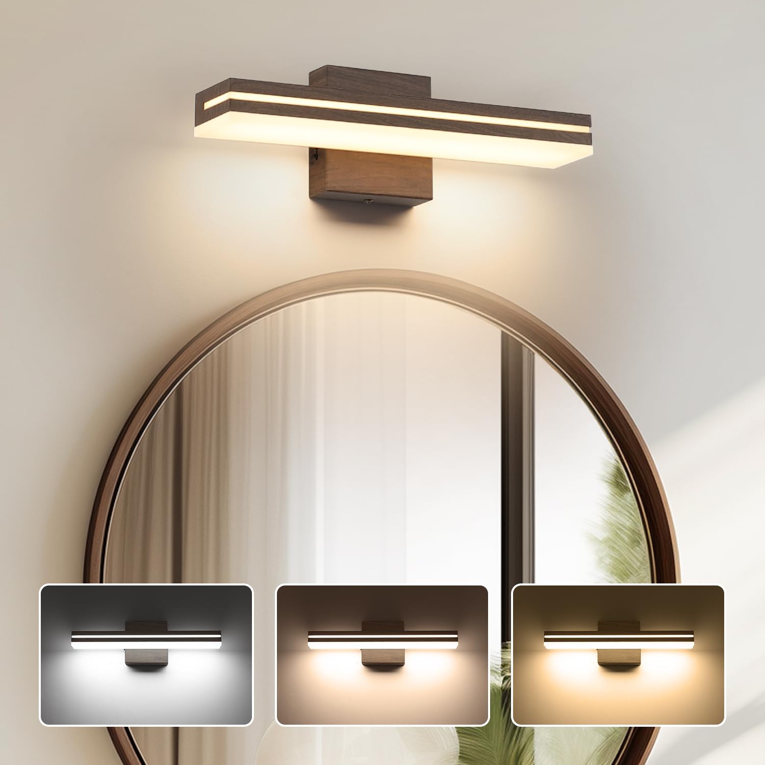 Photo 1 of SineRise LED Modern Bathroom Vanity Light Fixtures (16-Inch, 3000K/4000K/6000K, Dimmable), Brown Wood Painted Modern Acrylic Bathroom Wall Lighting Fixtures Over Mirror