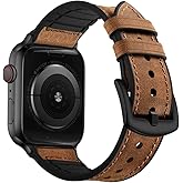 OUHENG Leather Bands Compatible with Apple Watch Band 49mm/46mm/45mm/44mm/42mm, Sweatproof Leather Rubber Hybrid Strap for iWatch Ultra 3/2/1 Series 11 10 9 8 7 6 5 4 3 2 1 SE 3/2/1, Brown/Black