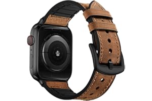 OUHENG Compatible with Apple Watch Band 49mm 45mm 44mm 42mm, Sweatproof Genuine Leather and Rubber Hybrid Band Strap for iWatch Ultra 2/1 Series 9 8 7 6 5 4 3 2 1 SE2 SE, Brown Band with Black Adapter