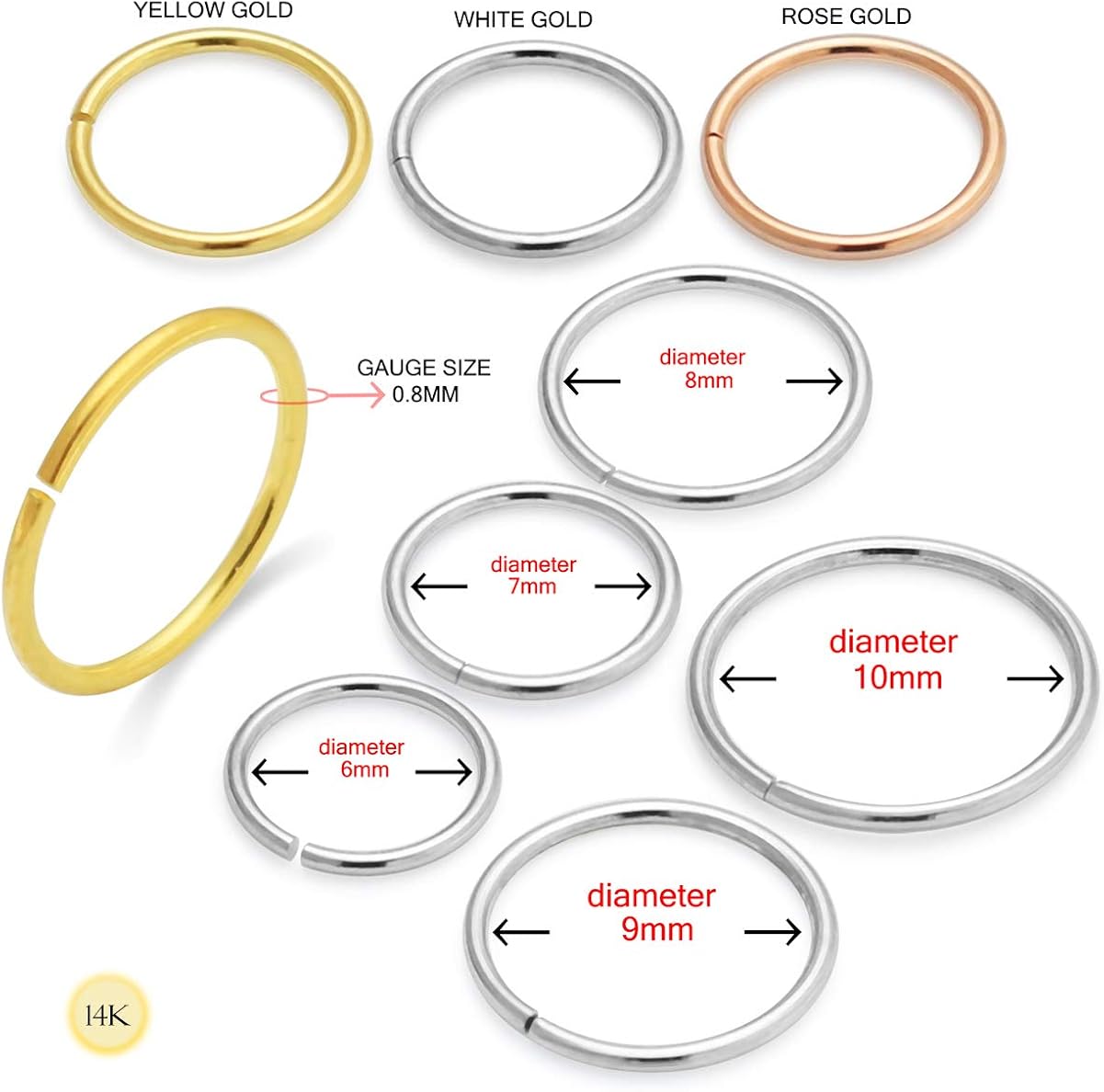 AZARIO LONDON 14K Solid Yellow Gold 20 Gauge - 6MM Diameter Seamless Continuous Open Hoop Nose Ring Nose Piercing - Image 3