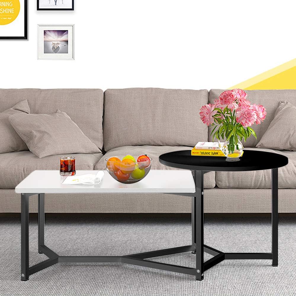 Accent Living Room Nest of Coffee End Table Set of 2 Nest of Side Table Round and Rectangular Corner for Sofa Couch Wooden Tabletop with Metal Frame Office Waiting Reception Room Conversational Table
