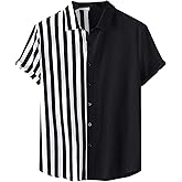 TheyLook Mens Short Sleeve Button Down Shirt Casual Summer Striped Shirts Patchwork Hawaiian Print Beach Top