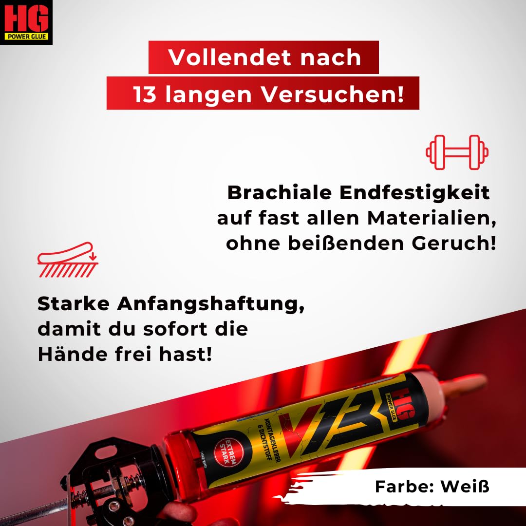 HG POWER GLUE V13 Ultra Hochleistungs-Montagekleber und Dichtstoff extra stark, Kraftkleber für außen und innen, Kleber mit super starker Anfangshaftung, enorme Endfestigkeit, Kartusche 440g weiß 2