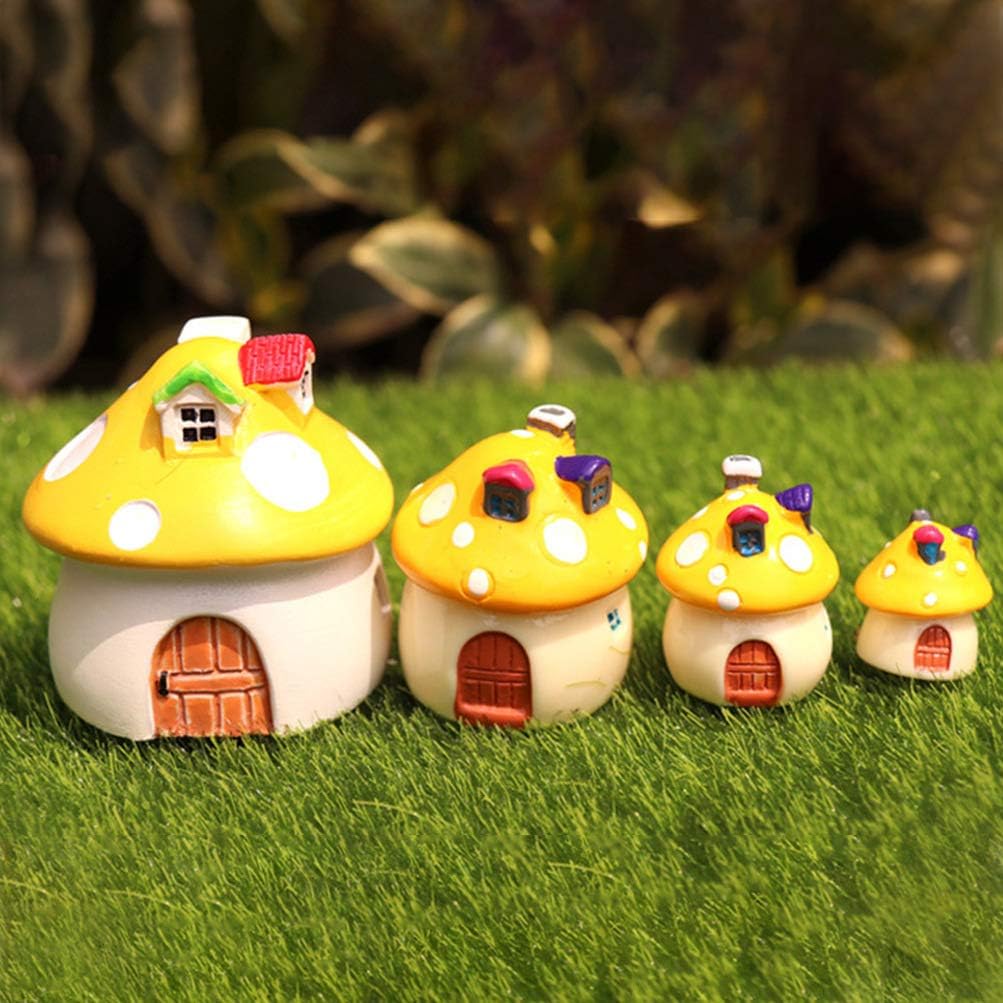 LIOOBO 4pcs Miniature Fairy Garden Mushroom House Ornament Outdoor Garden Decor Plant Pots Accessories Bonsai Craft Supplies Mixed Size Yellow - Image 3