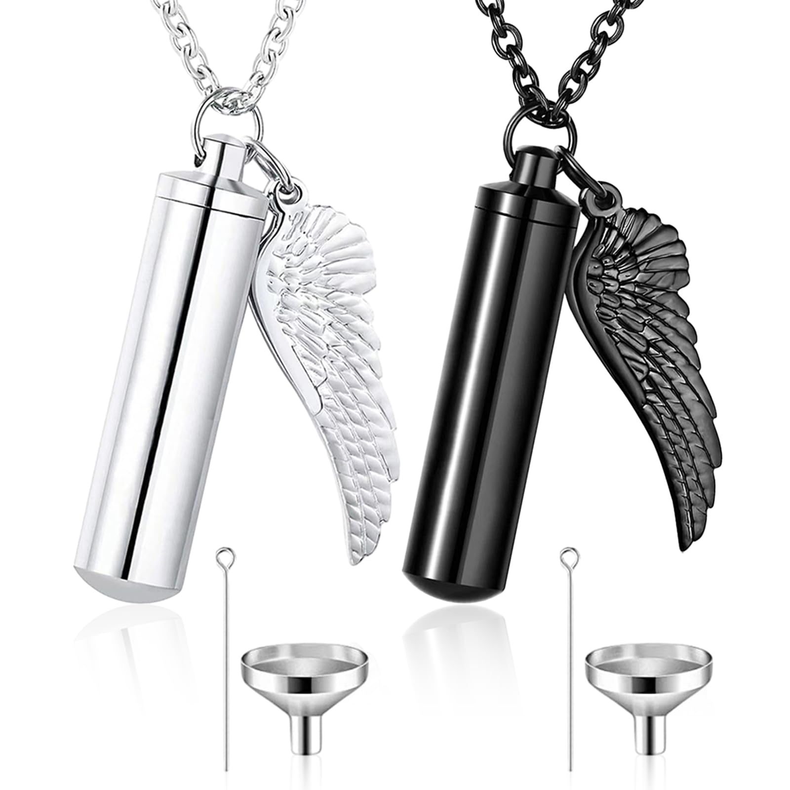 SUWIWKKOA 2 Pcs Ashes Necklace With Angel Wing Charm Urn For Ashe Stainless Steel Memorial Keepsake Jewellery Cremation Necklace For Human Pets