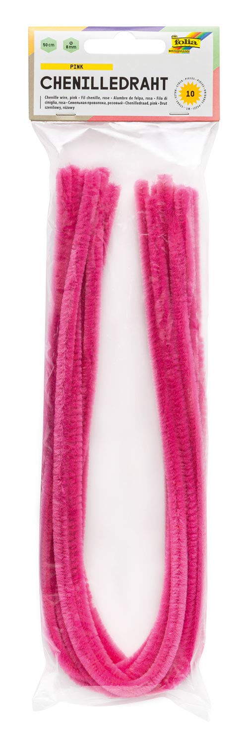 folia 77823 Chenille Wire, Pipe Cleaners, Pack of 10 in Pink, Diameter 8 mm and 50 cm Long, Ideal for Children for Crafts and Designing Animals, Figures and Other Shapes