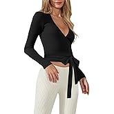 Women Cross Wrap Top Polka Dot Long Sleeve Deep V Neck Tie Workout Ballet Blouse Pilates Yoga Shirt