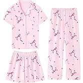 QZH.DUAO Girls 100% Cotton 3pcs Pajama Sets Button Down Short Sleeve Long Pants With Shorts Sleepwear for Ages 5-14