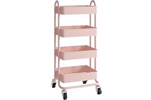 ELITEHOUSE 4-Tier Pink Rolling Cart,Metal Utility Rolling Cart with Handle,Multifunction Rolling Carts with Wheels,Kitchen Storage Carts Suitable for Office,Home,Kitchen,Garden（13.4"x18.1"x40"） Pink