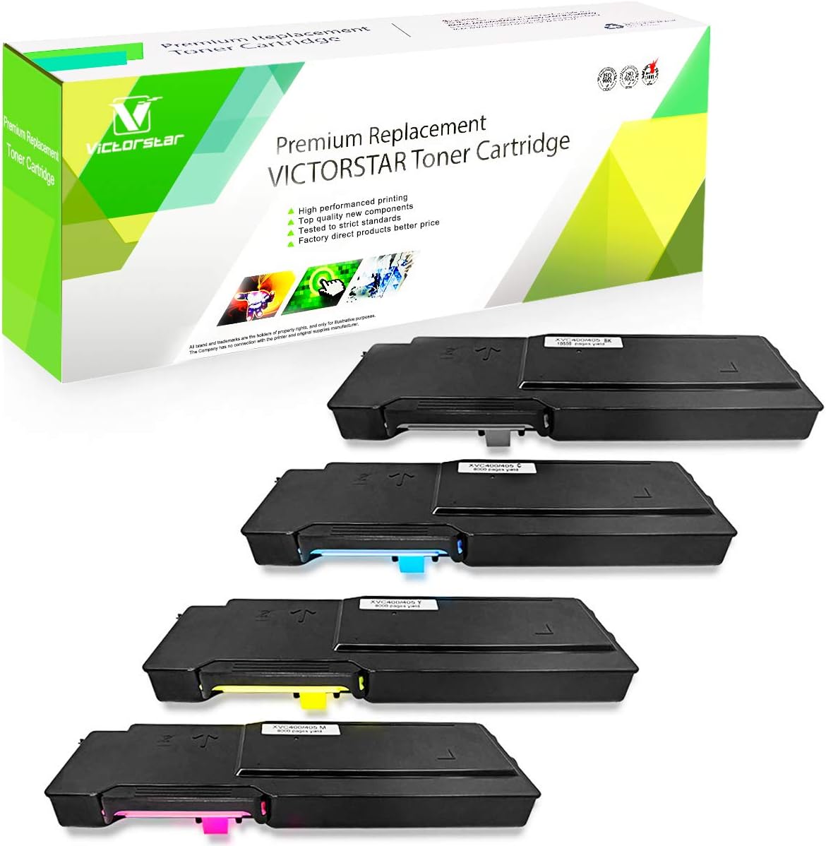 4 Colors Compatible Toner Cartridges 【Extra High Yield】 for Xerox VersaLink C400 C400n C400dn C405 C405n C405dn C405 MFP Color Laser Printers VICTORSTAR 10500 Pages for Black & 8000 Pages for C M Y