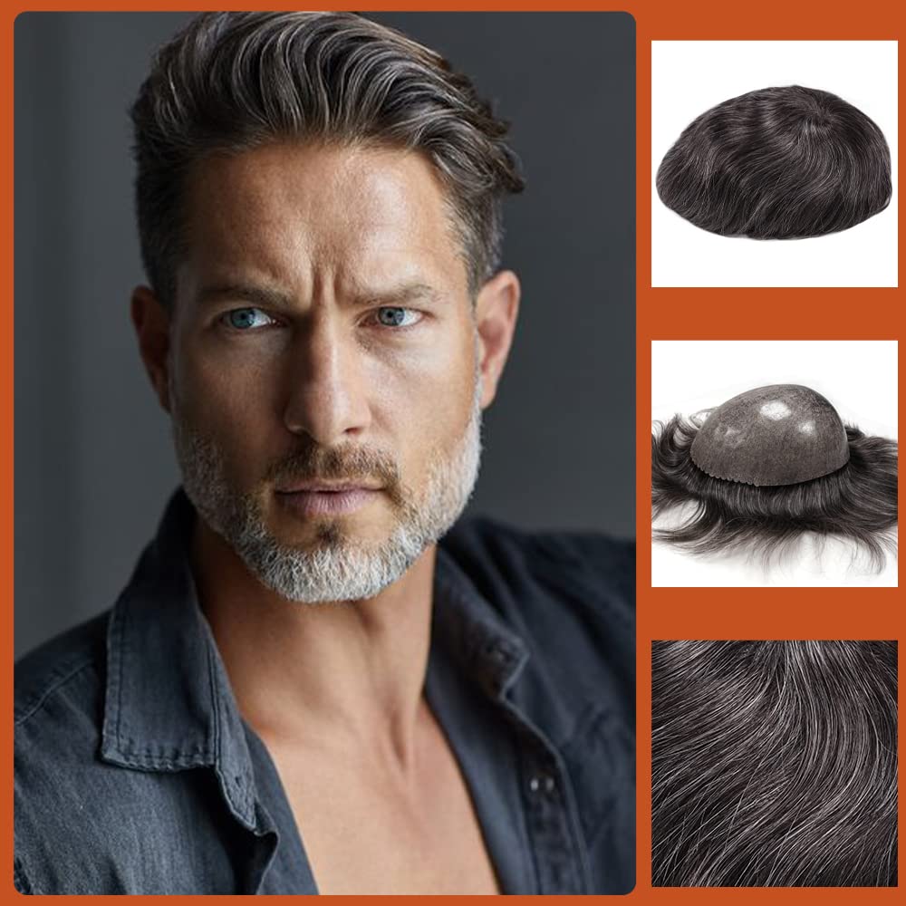 Zakya Men's Toupee - 100% Human Hair Replacement System - 8x10 Inches Base Size - Off Black 1B+40% Grey Hair — image 1