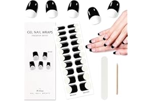 TOROKOM Semi Cured Gel Nail Strips, 20PCS Self-Adhesive Nail Strips Full Nail Wraps Strips, French Black Gel Nail Strips with Nail File, Wooden Stick & Sealing for Women Girls DIY Manicure Decorations