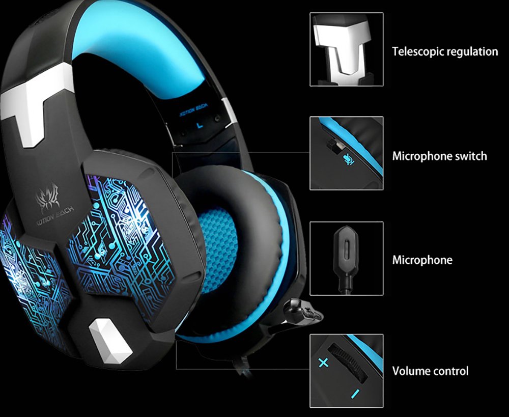KSCAT G1000 Gaming Headset Kopfhörer USB/Klinken-Stecker Mikrofon LED Effekt für PC Film Gaming Spielen Chat Musik (Blau1)