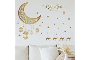 CNUSER Ramadan Mubarak Window Clings,Lantern Moon Star Wall Stickers,Party Supplies Decorations Islamic Muslim Happiness Al-fitr Kareem Cut-Out Decals for Home Wedding Birthday Islam Decor (Gold B)