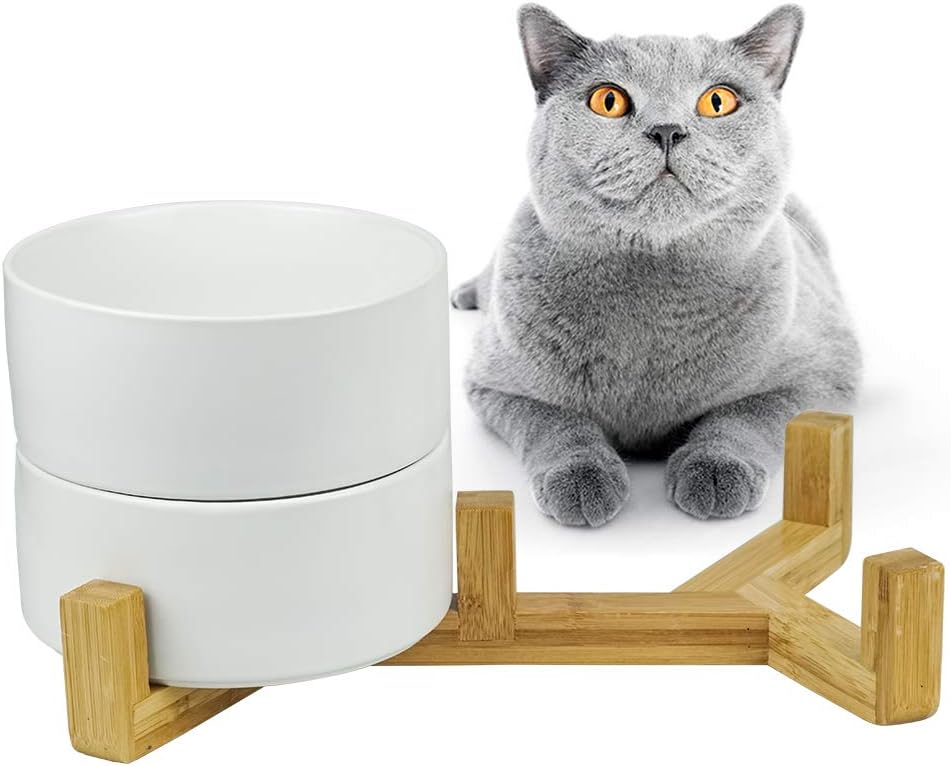 HCHLQLZ White Ceramic Cat Bowl with Wood Stand No Spill Pet Food Water ...