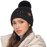 C.C Sequin Pom Beanie for Women - Acrylic Stretchable Soft Warm Knit Winter Skully Hat with Yarn Pom