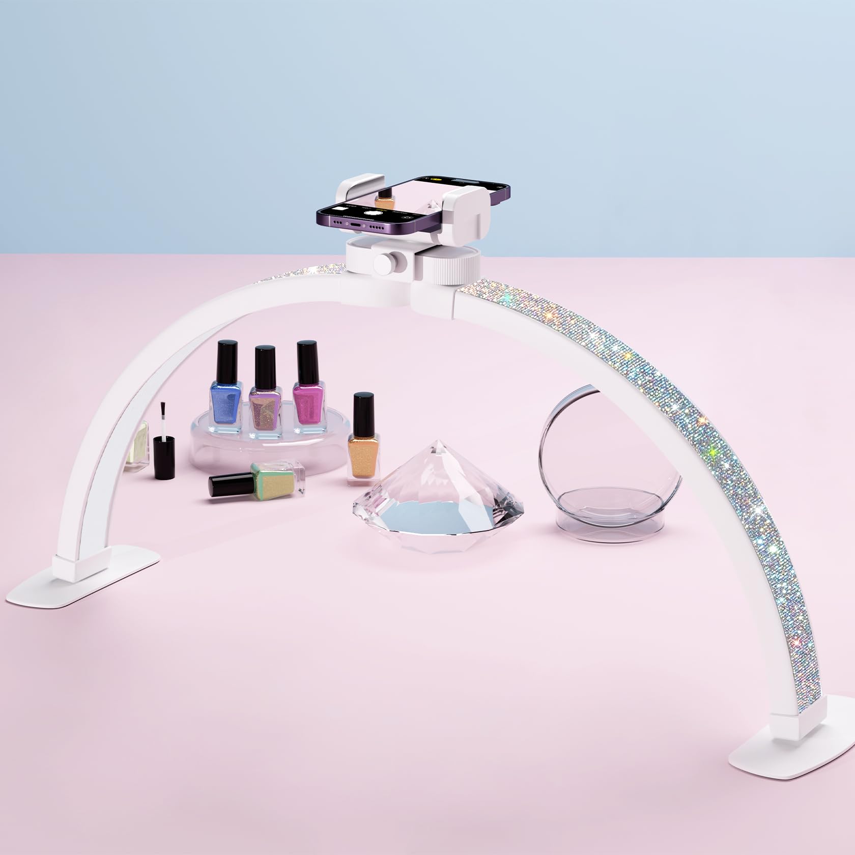Wolliran Half Moon Light for Nail Desk 29 inch, Foldable Nail Light for Desk with Phone Holder 3000K-6000K 10 Adjustable Brightness, LED Table Lamp for Manicure, Tattoos, White with Diamonds