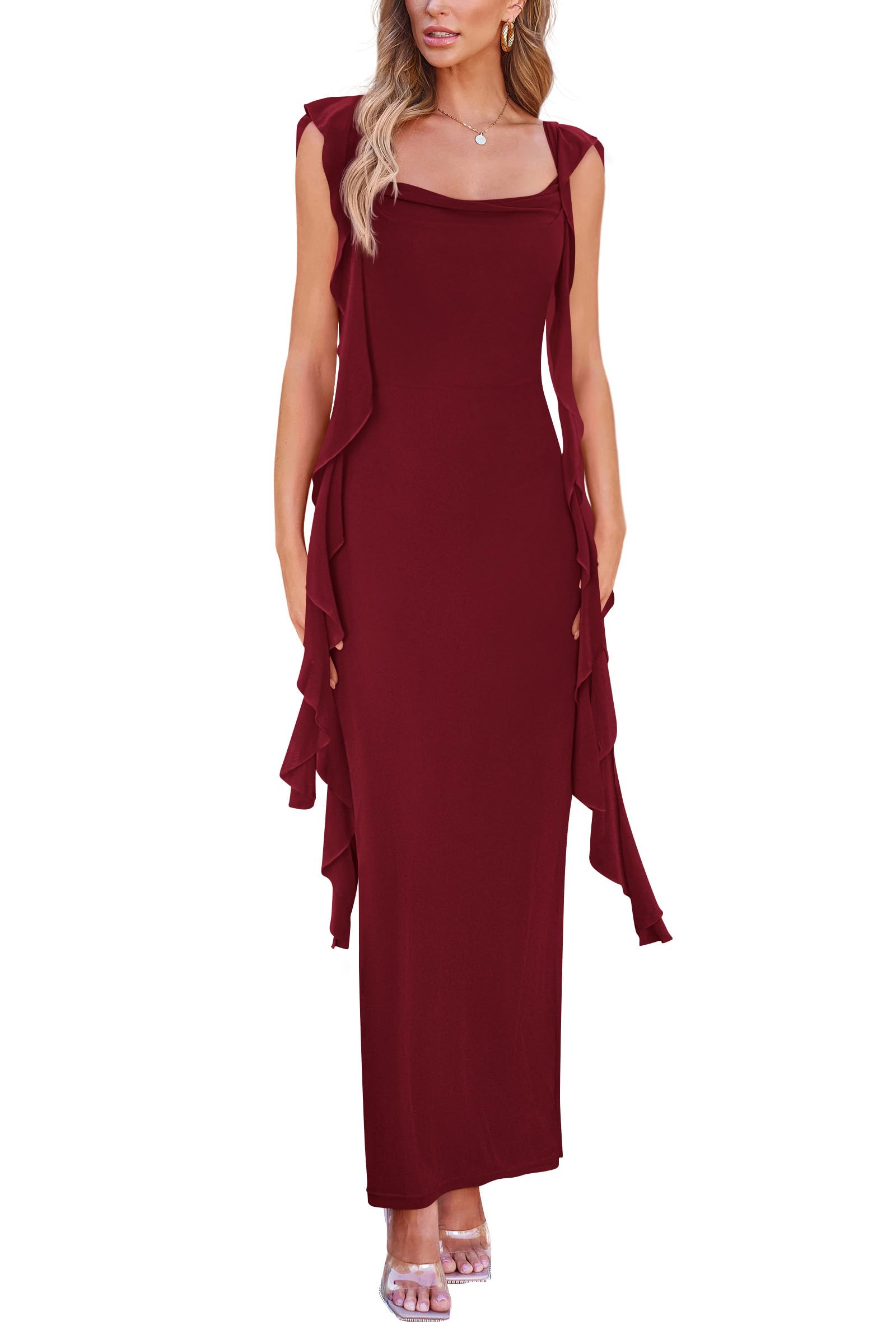 Photo 1 of PRETTYGARDEN Women's Summer Long Formal Wedding Guest Dress Sleeveless Ruffle Cocktail Party Maxi Bodycon Dresses (Dark Wine Red,Medium)