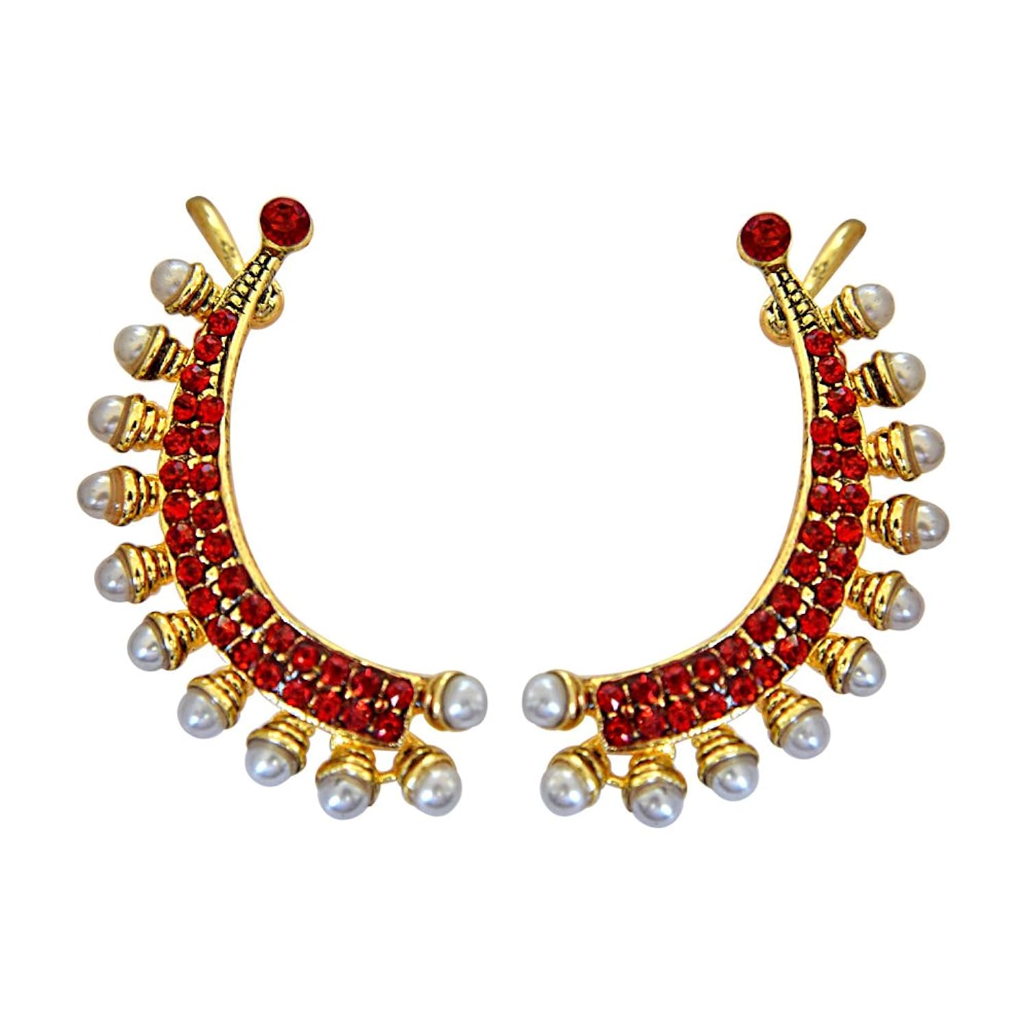 suratdiamond red coloured stone faux pearl & gold plated ear cuffs for women (pse70)