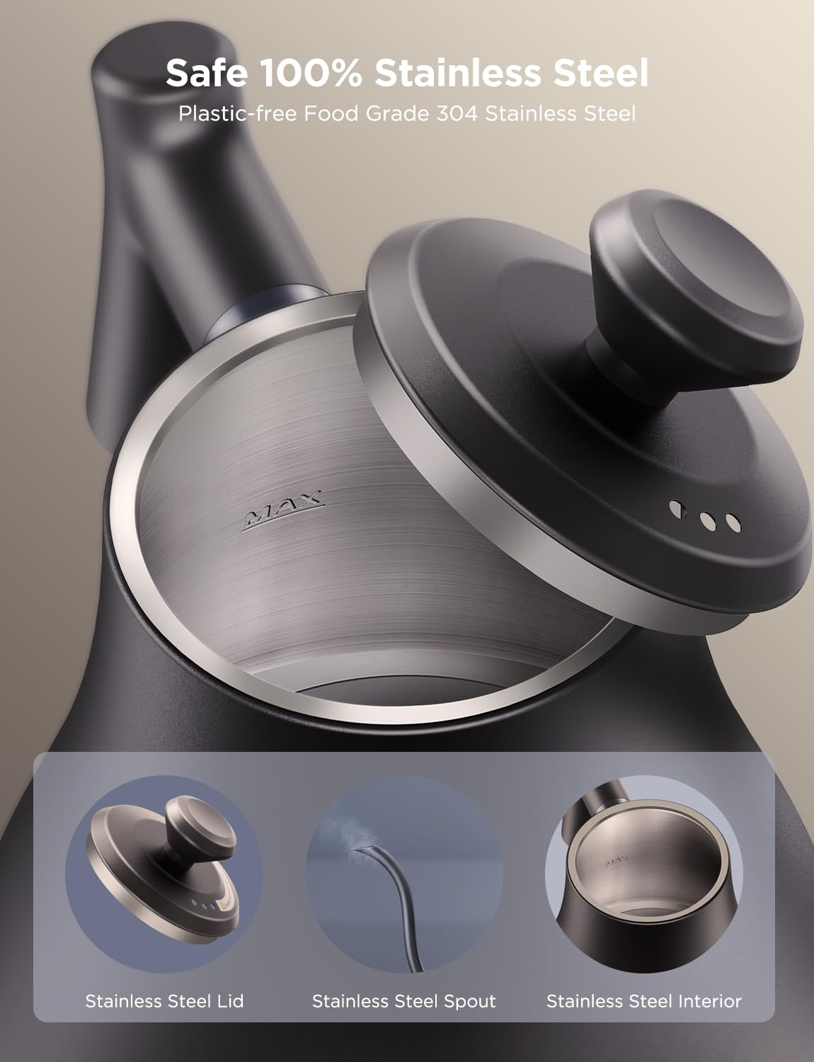 Govee Hervidor eléctrico inteligente, WiFi de temperatura variable, cuello de cisne para verter sobre hervidor y tetera, control Alexa, calentamiento rápido de 1200 W, 100% acero inoxidable, 0,8 L, negro mate