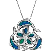Sterling Silver Synthetic Blue Opal Dolphin Plumeria Pendant Necklace, 16+2" Extender