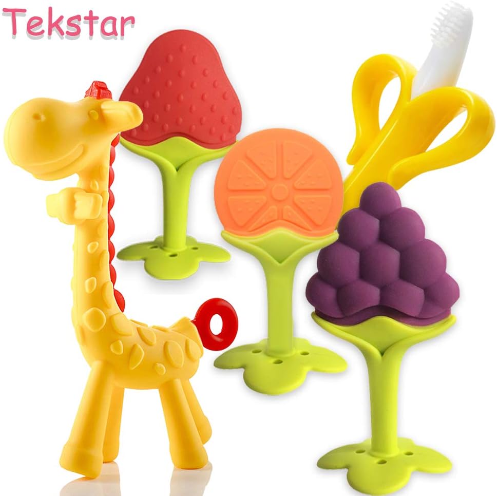 Baby Teether-5 Pack Baby Teething Toys -Training Teething Pain Relief- Baby chew teether-Silicone BPA Free Natural Organic Freezer Safe Teethers for Infants and Toddlers Girls and Boys