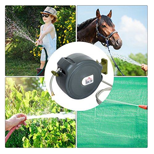 HOMCOM 1/2" x 65' Retractable Auto-Rewind Wall Mounted Garden Water Hose Reel - Thumbnail 2