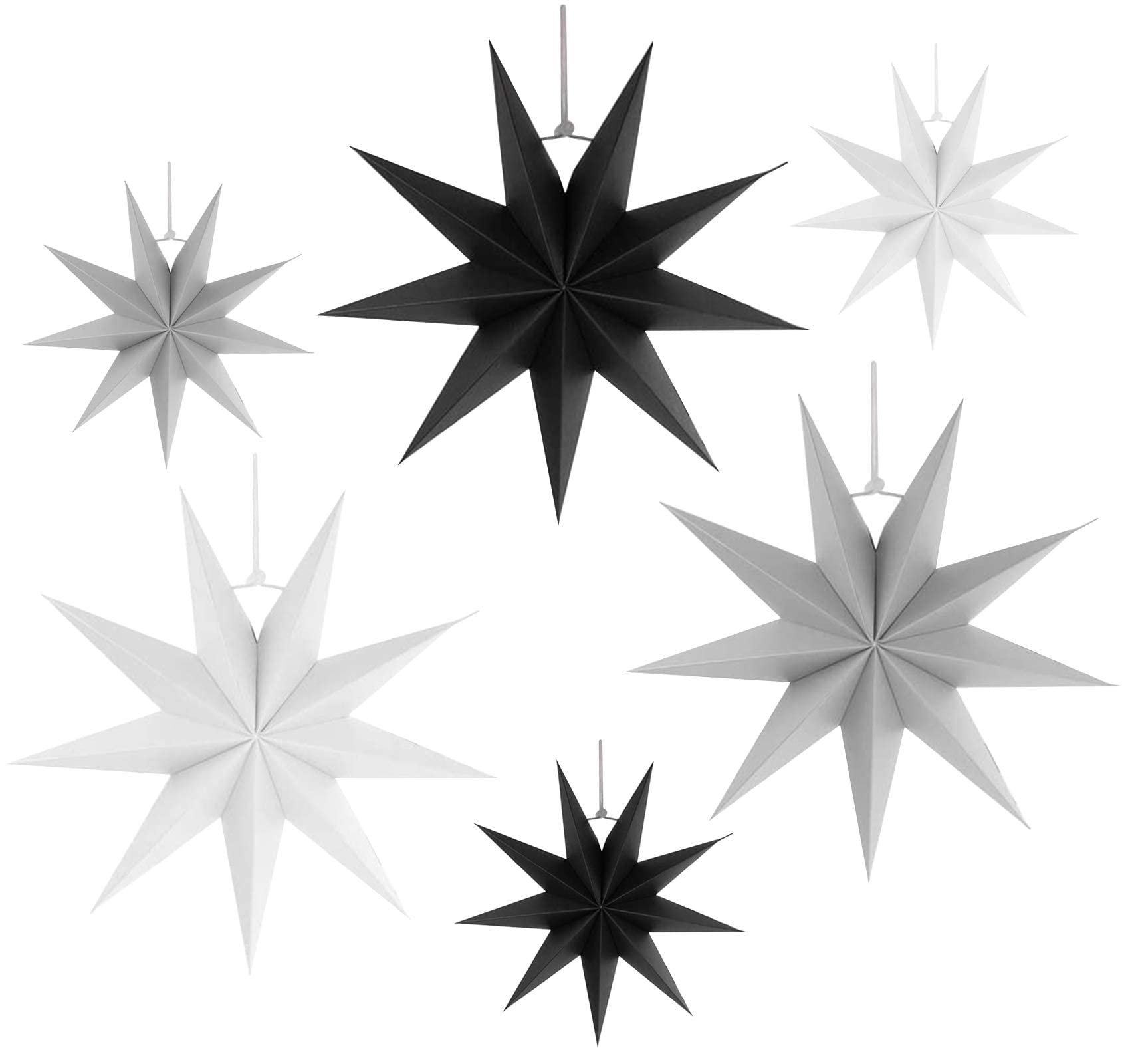 Folding stars, 3 colours, 6 pieces: 3 pieces, diameter 30 cm + 3 pieces, diameter 40 cm, set of folding stars, decoration neoctagonal poinsettia decoration.