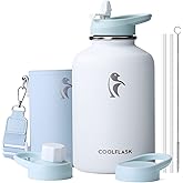 Coolflask 64 oz Water Bottle Insulated with PU Leather Sleeve, Half Gallon Water Bottle Color Contrast with Straw Lids, Stainless Steel Metal Large Water Jug, Keep Cold 48h Hot 24h,Glacier White