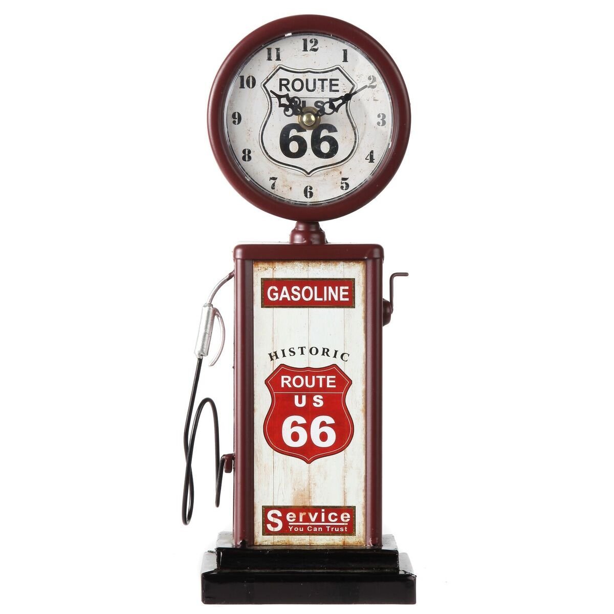 Lily's Home Old Fashioned Route 66 Gas Pump Mantle Clock, Silent-Non-Ticking with Quartz Movement, Makes an Ideal Gift for Antique Sign Collectors, Brown/Red (13 1/2